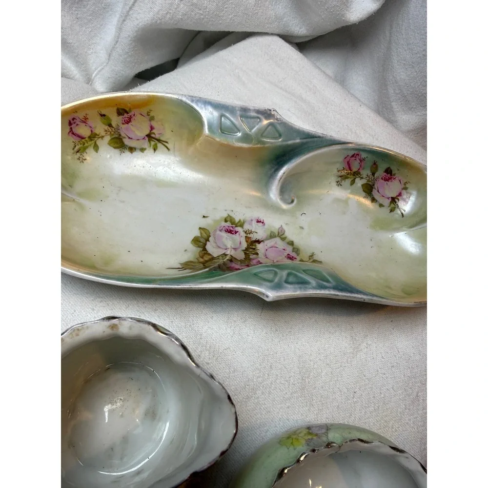 Vintage Hand Painted Porcelain Creamer Sugar Bowl‎ and Tray Floral IPP Germany